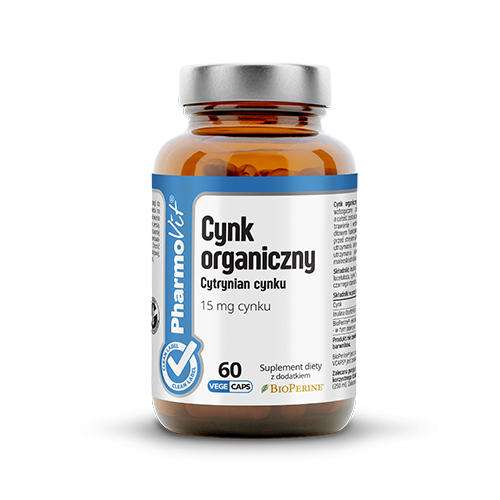Cynk-organiczny-Cytrynian-cynku-15-mg-60-kaps-VcapsR-Clean-label-Pharmovit na włosy, skórę i paznokcie, odporność, testosteron