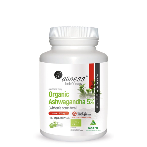 Aliness Organic Ashwagandha 5% 100 VEGE caps / Stres, Regeneracja, Sen