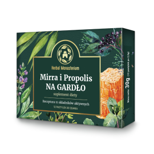 Herbal Monasterium Mirra i propolis - pastylki do ssania, 12 sztuk /na gardło, chrypa, podrażnione gardło, kaszel