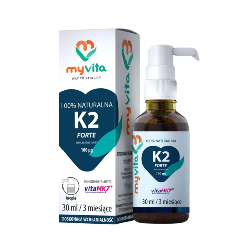MyVita Witamina K2 30ml/ Kości, Stawy, Zęby 

    Pomaga wchłaniać i transportować wapń do kości
    Hamuje gromadzenie się wapnia w tętnicach
    Wpływa korzystnie na zdrowie kości i zębów
    Wpływa korzystnie na układ krążenia