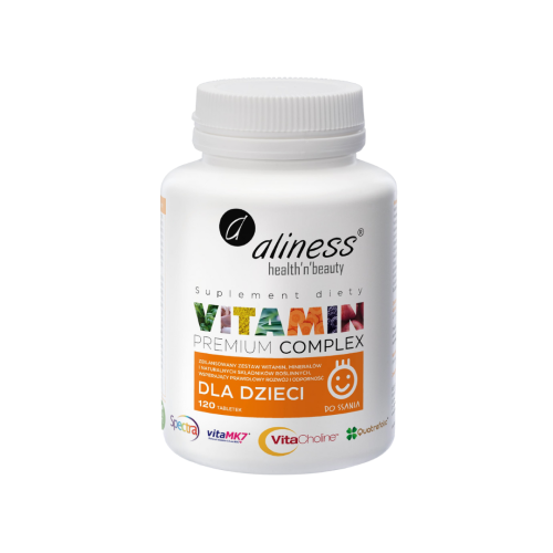 Aliness Premium Complex Witaminy dla dzieci 120 tab. do ssania/ uzupełnienie witamin, odporność, kości, układ nerwowy, zęby, skóra, wzrok, zmęczenie