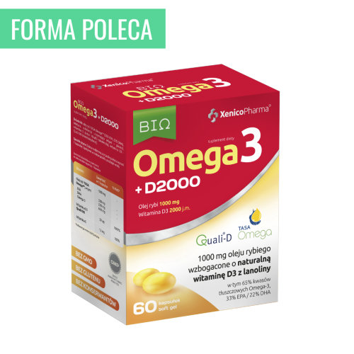 XenicoPharma BIO OMEGA 3 + D2000 60caps. Układ Krwionośny Obniżenie trójglicerydów Poziom wapnia Odporność Witamina D3
